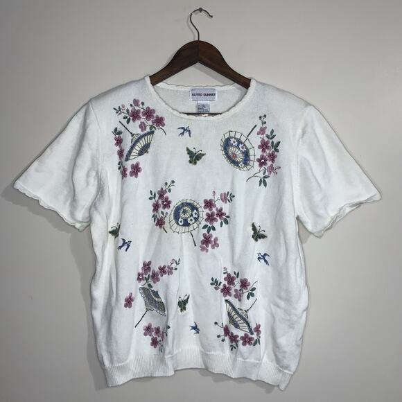 Vintage Alfred Dunner Floral Butterflies White Embroidered Bead Knit Top Size L - Picture 1 of 12